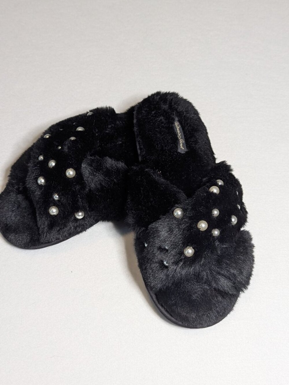 Victoria Secret Fluffy Black Slippers with pearls